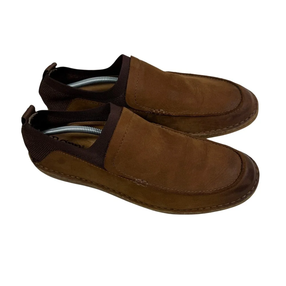 Born Mens Brown Leather Fabric Slip On Loafers H69006 Handcrafted Shoes Size 13M